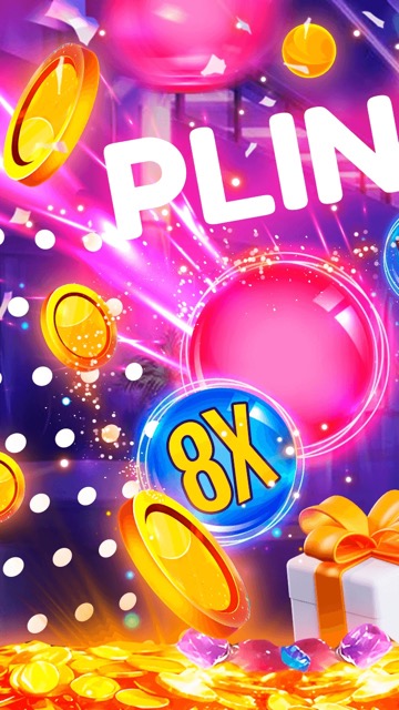 A colorful Plinko scene with bright pink balls, golden coins, and an '8X' multiplier glowing amidst a dynamic background of sparkles and gift boxes.