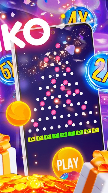 A vibrant Plinko game interface featuring a pegboard with pink chips bouncing down toward green reward slots, surrounded by glowing multipliers and golden coins.