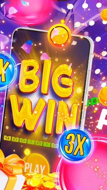 A dynamic Plinko game screen highlighting the text 'BIG WIN' in bold yellow letters, surrounded by pink balls, gold coins, multipliers, and a glowing pegboard.