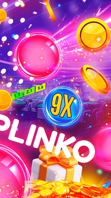 A lively Plinko game display showcasing pink balls, gold coins, and a '9X' multiplier, set against a glowing, animated background with gift boxes and rewards.